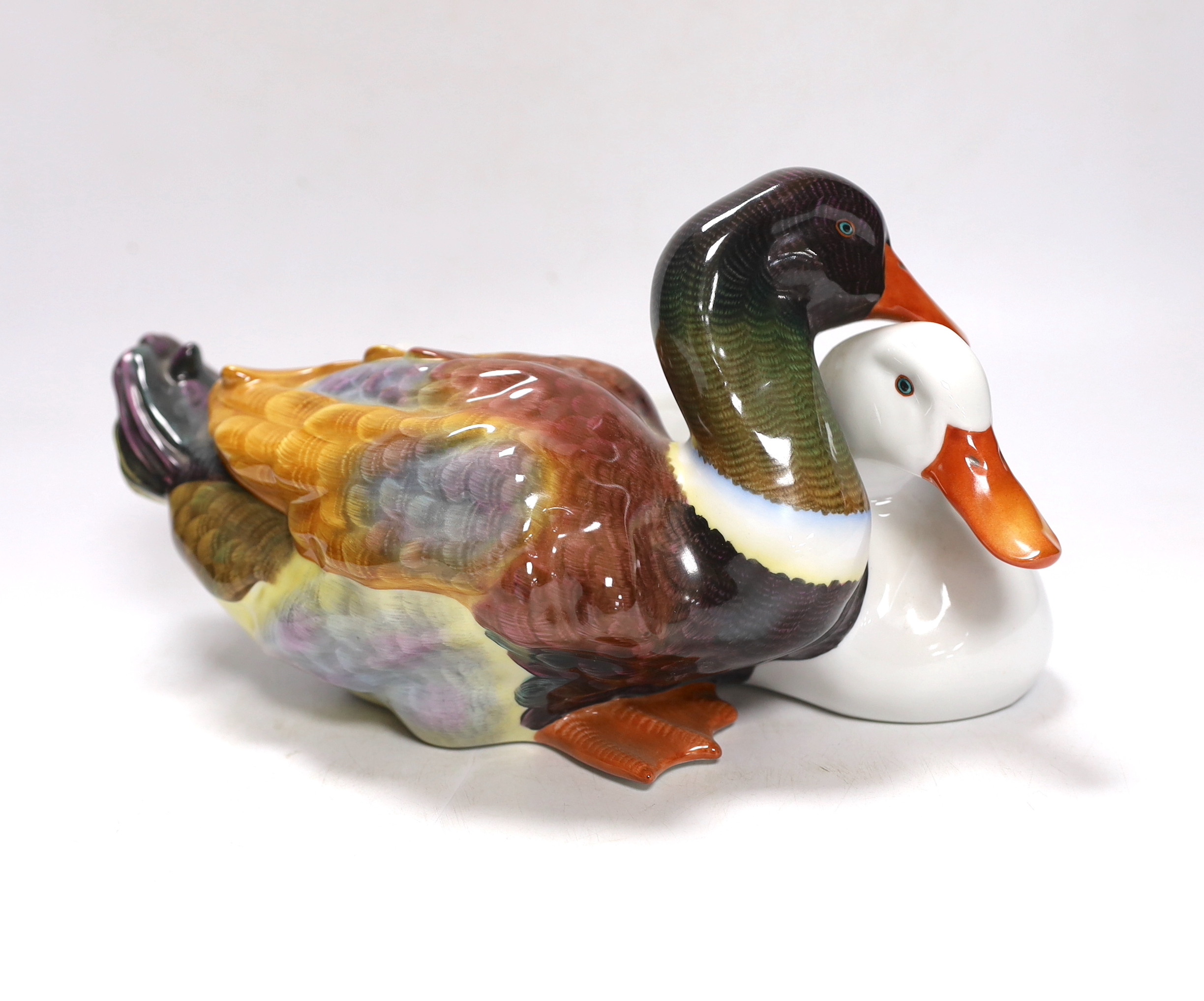 A Herend porcelain duck group, 28cm long